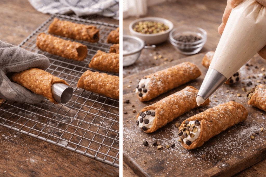 Cooling cannoli shells and piping ricotta filling