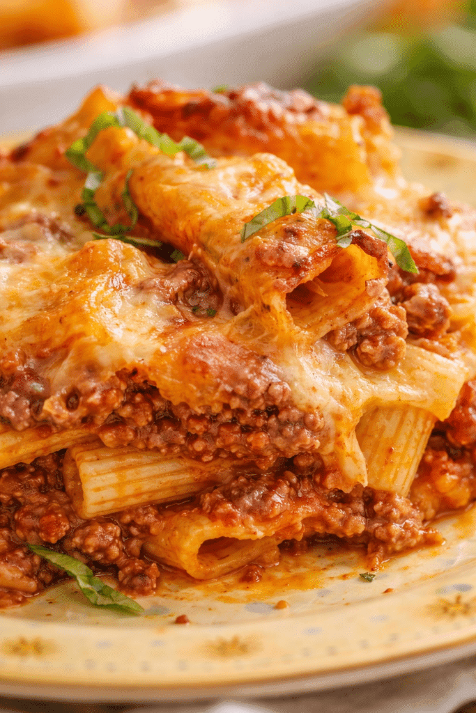 Close-up of baked rigatoni showing cheesy layers and meat sauce