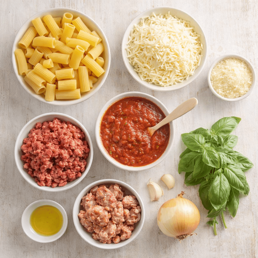 Ingredients for baked rigatoni arranged on a light background
