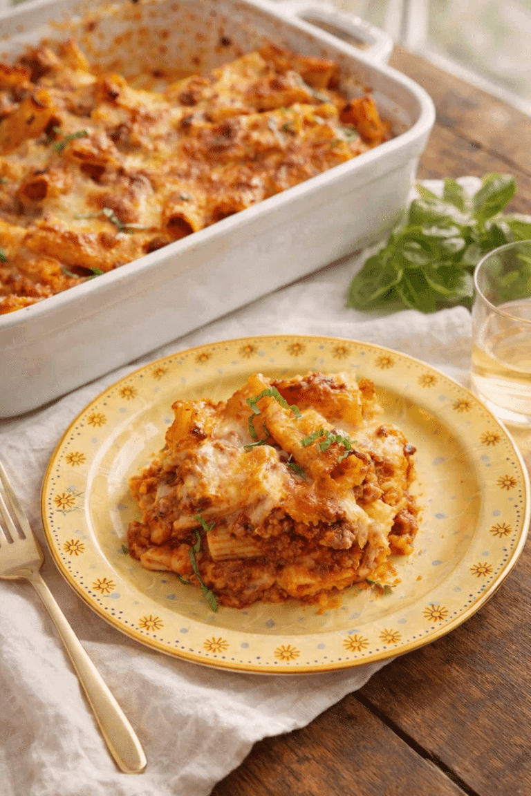 Baked rigatoni recipe with layers of pasta, meat sauce, and melted cheese
