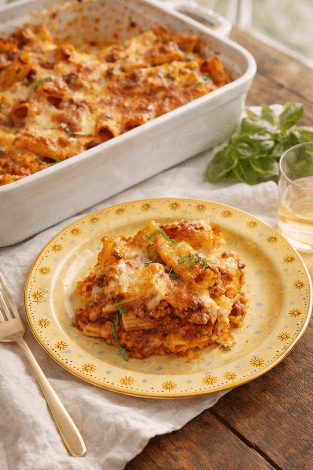 Baked rigatoni recipe with layers of pasta, meat sauce, and melted cheese
