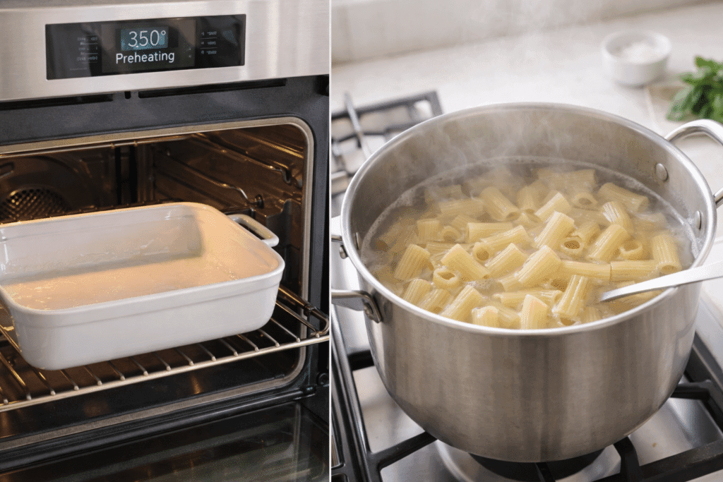 Preheating oven and boiling rigatoni pasta for baked rigatoni