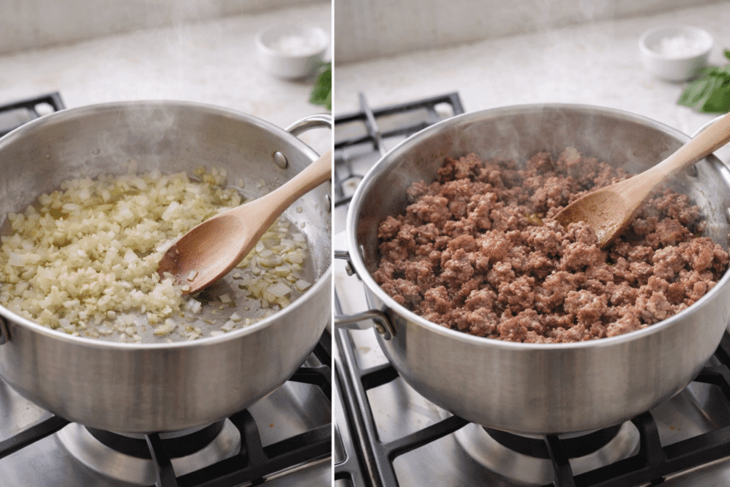 Cooking onion and garlic and browning meat for baked rigatoni