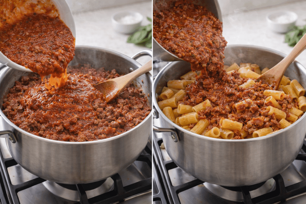 Adding marinara sauce to meat and mixing with rigatoni pasta