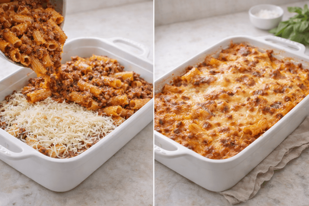 Layering pasta with cheese and baking until golden and bubbly