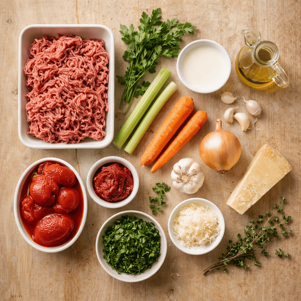 Ingredients for Bolognese sauce arranged on wooden surface