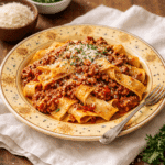 Bolognese pasta with rich meat sauce and wide pappardelle noodles
