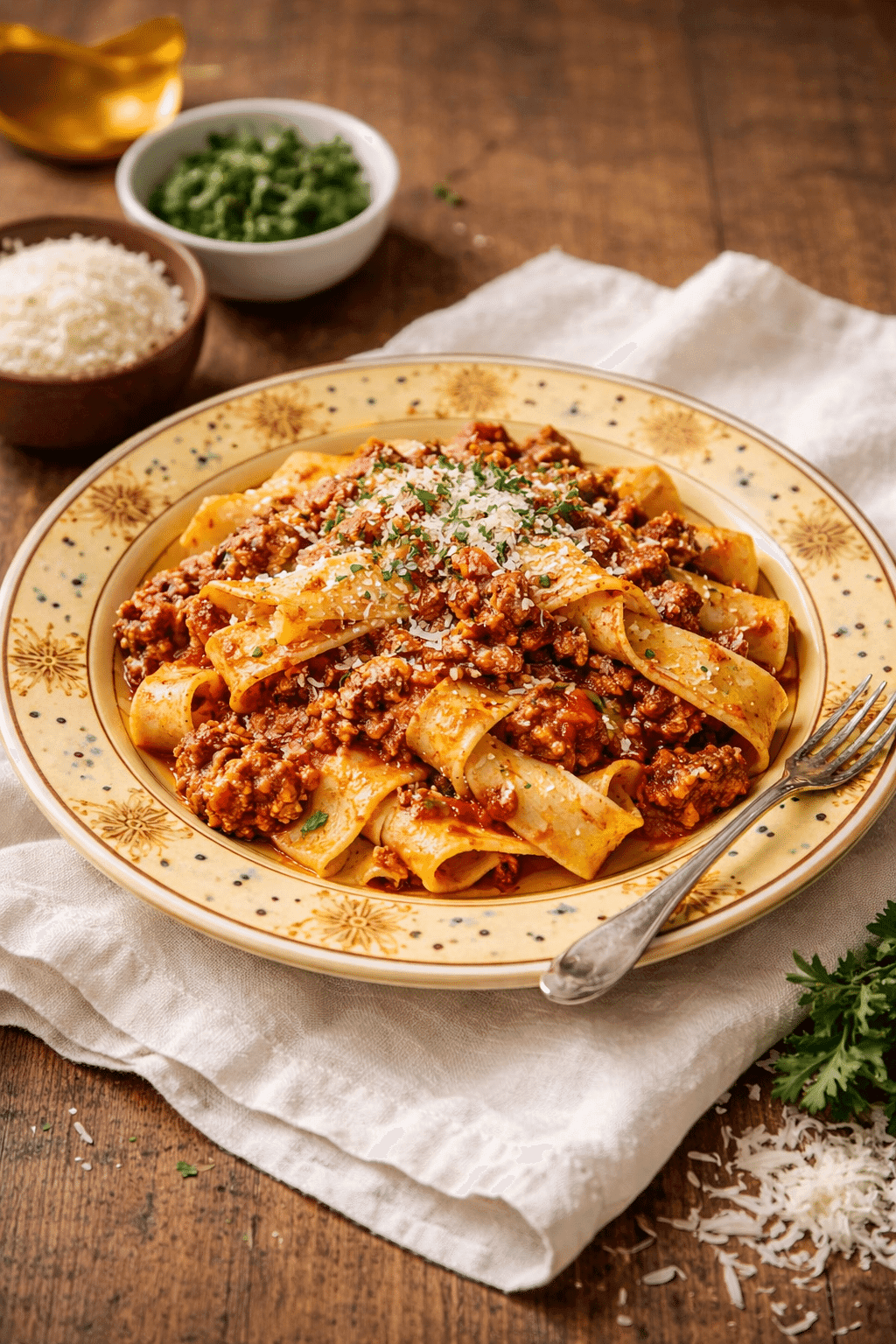 Bolognese pasta with rich meat sauce and wide pappardelle noodles
