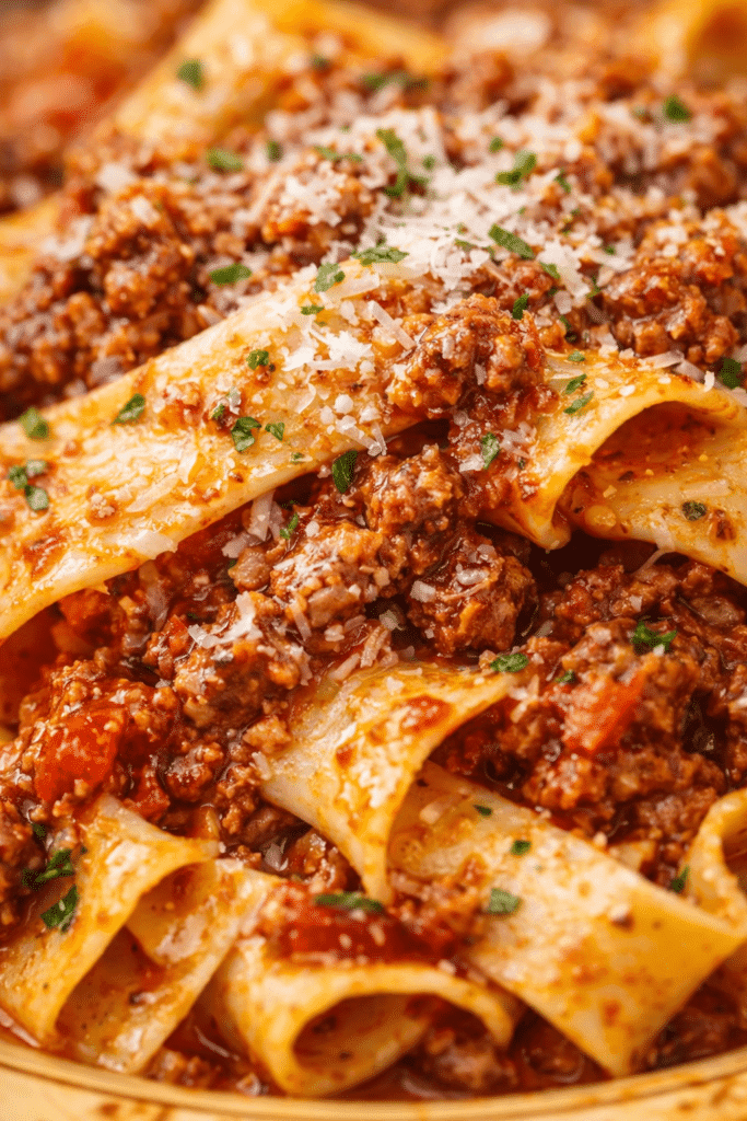 Close-up of Bolognese sauce clinging to wide pasta