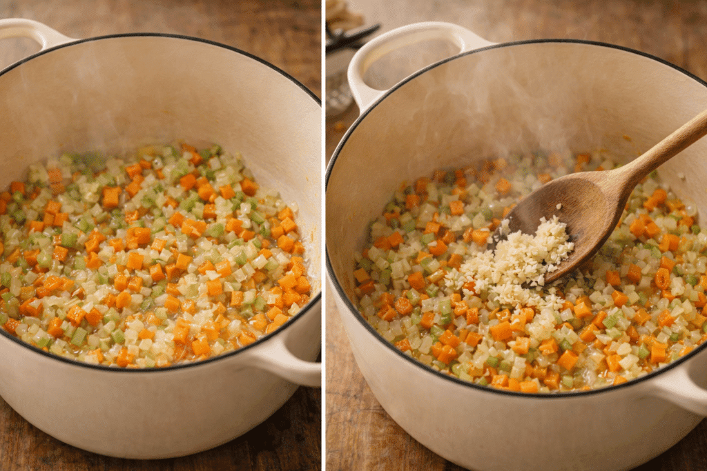 Sautéing vegetables and garlic for Bolognese sauce