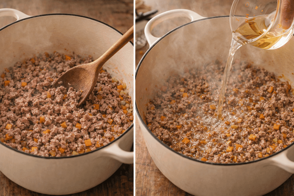 Browning ground beef and deglazing with wine for Bolognese