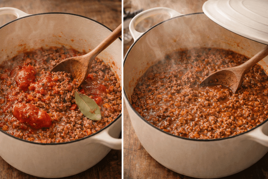 Adding tomatoes and simmering Bolognese sauce