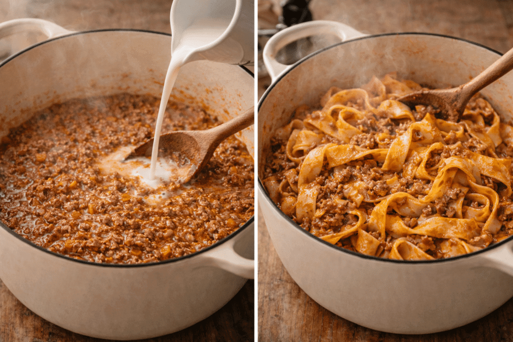 Finishing Bolognese with milk and tossing pasta in sauce