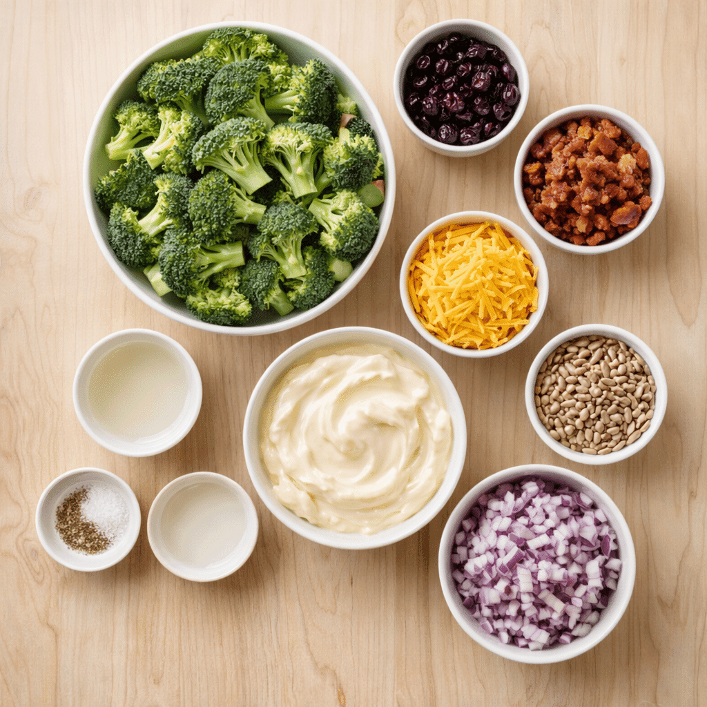 Broccoli Salad Recipe ingredients laid out