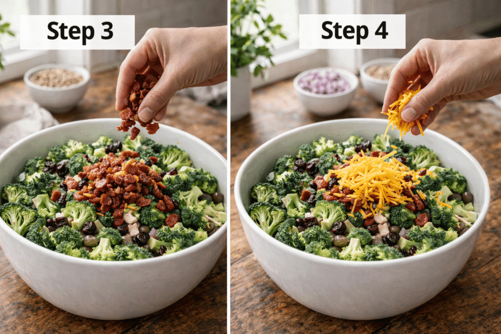 Broccoli Salad Recipe step 3 and step 4 adding bacon and cheddar cheese