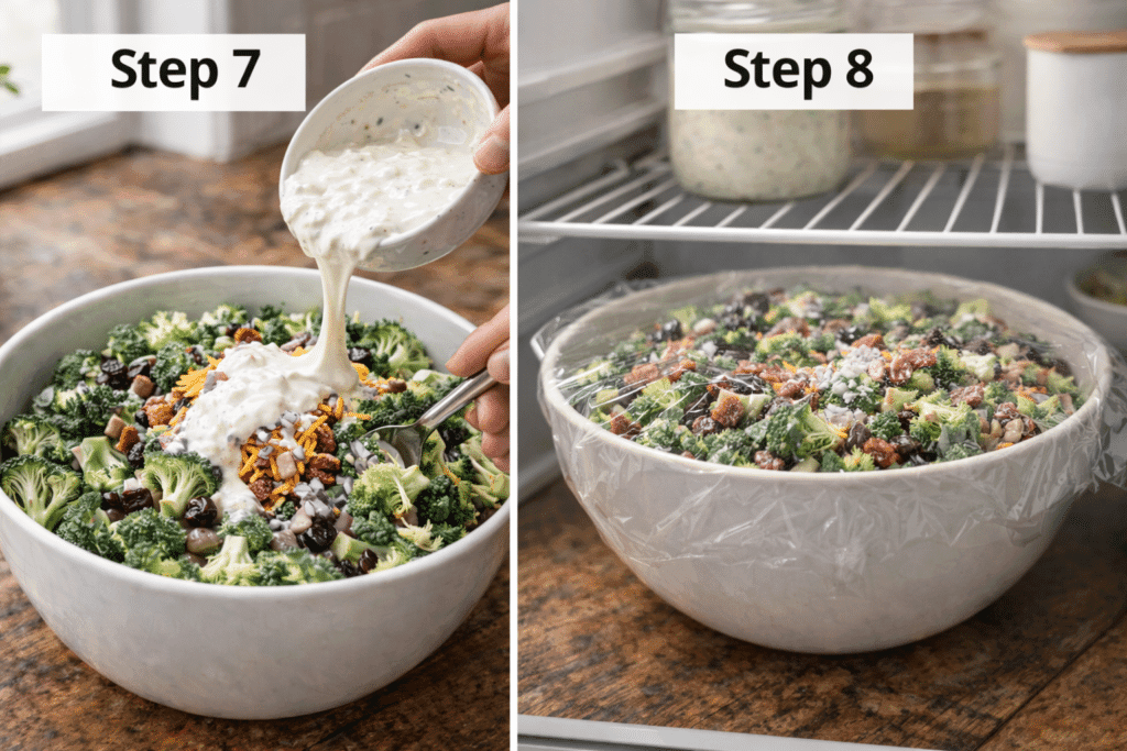 Broccoli Salad Recipe step 7 and step 8 mixing dressing and chilling salad
