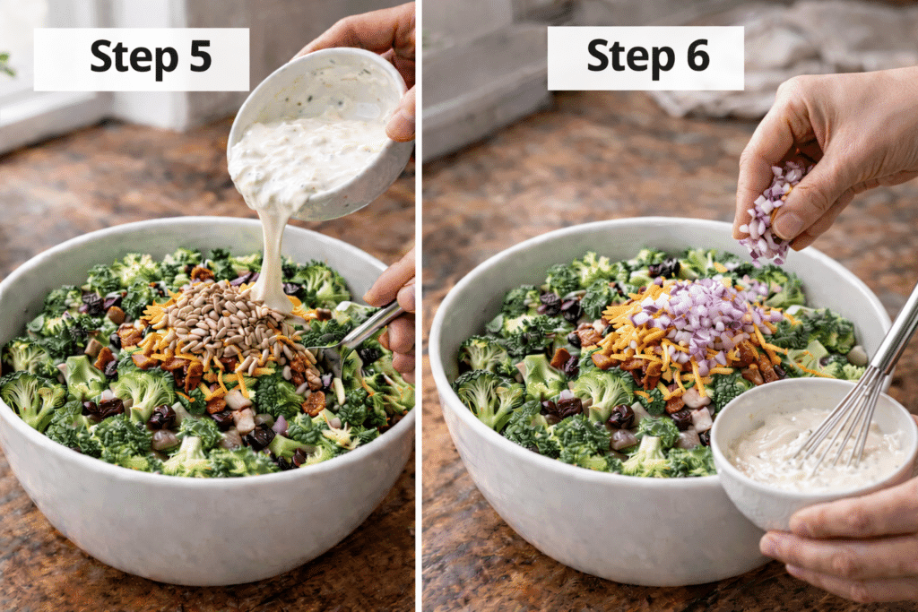 Broccoli Salad Recipe step 5 and step 6 adding sunflower seeds and mixing dressing