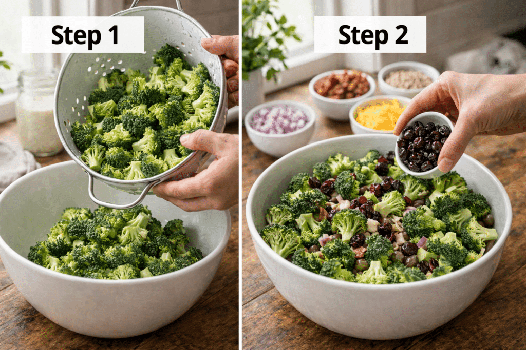 Broccoli Salad Recipe step 1 and step 2 showing chopped broccoli and dried cranberries in bowl