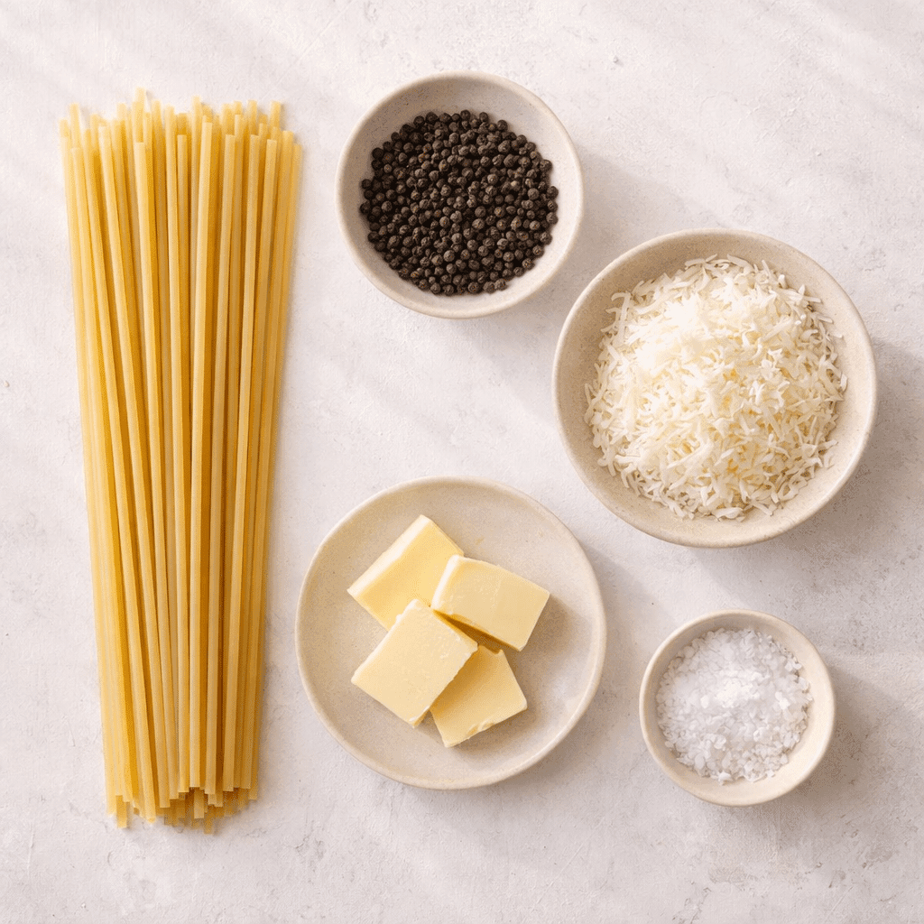 Ingredients for Cacio E Pepe recipe laid out flat