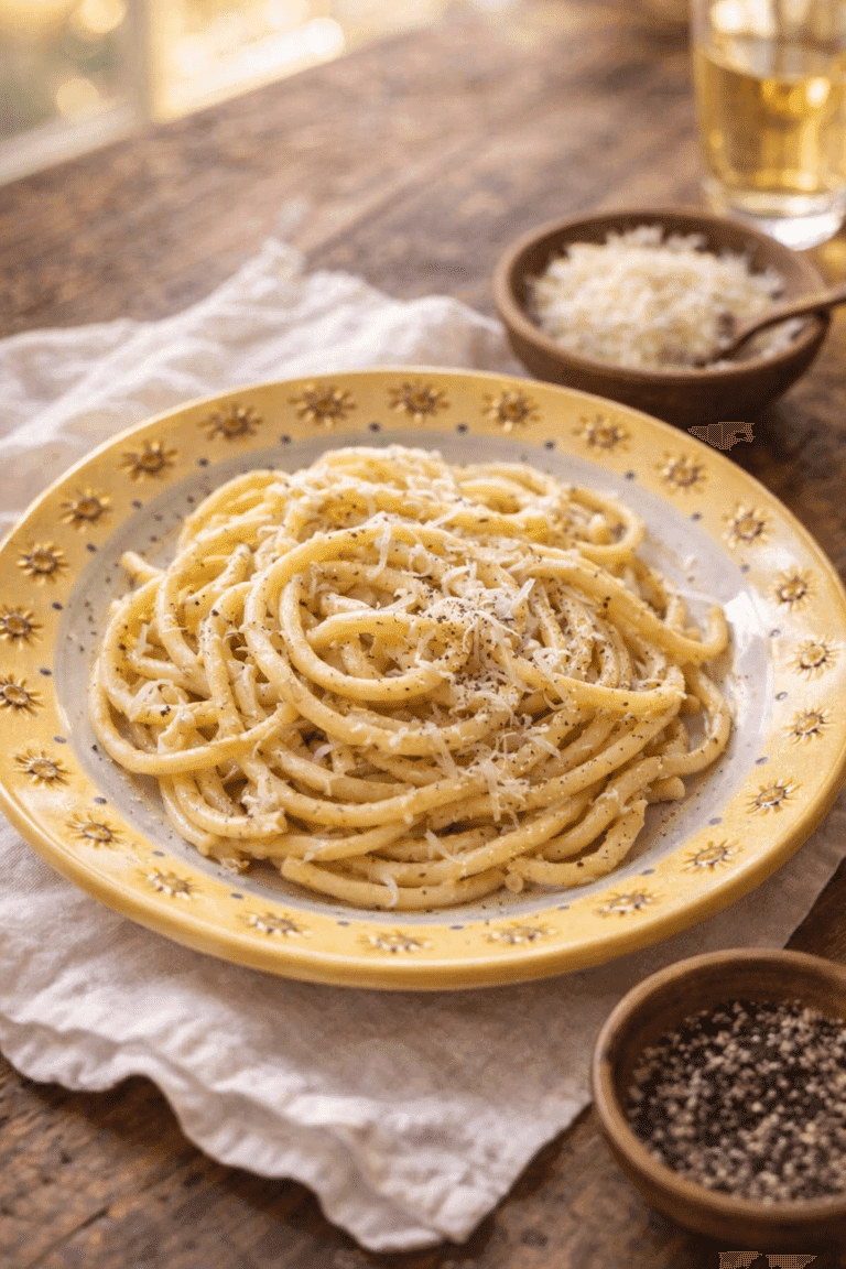 Cacio E Pepe recipe served creamy with Pecorino Romano and black pepper