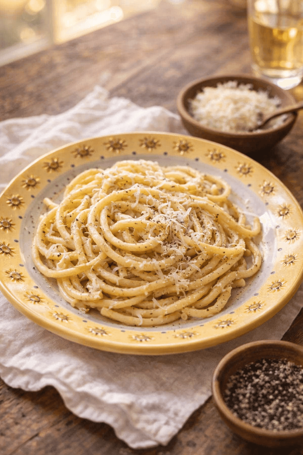 Cacio E Pepe recipe served creamy with Pecorino Romano and black pepper