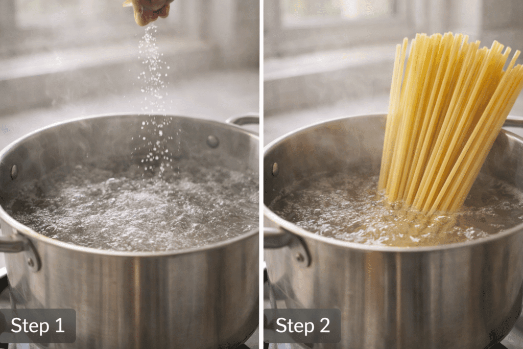 Boiling salted water and cooking pasta for Cacio E Pepe recipe