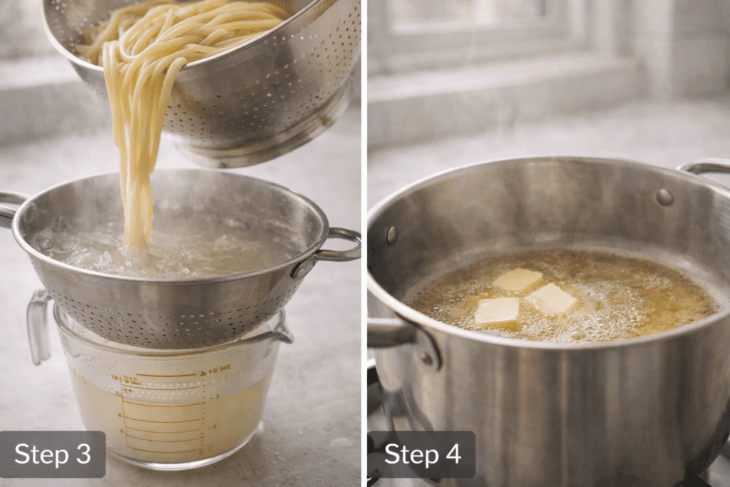 Reserving pasta water and melting butter for Cacio E Pepe recipe