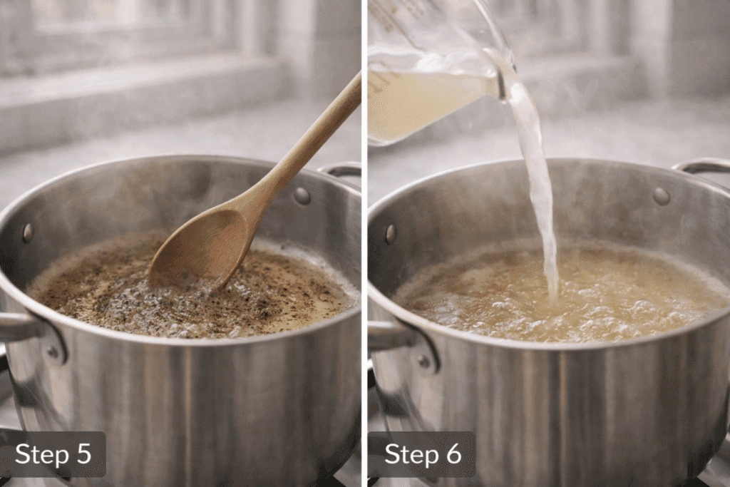 Blooming black pepper and adding pasta water for Cacio E Pepe sauce