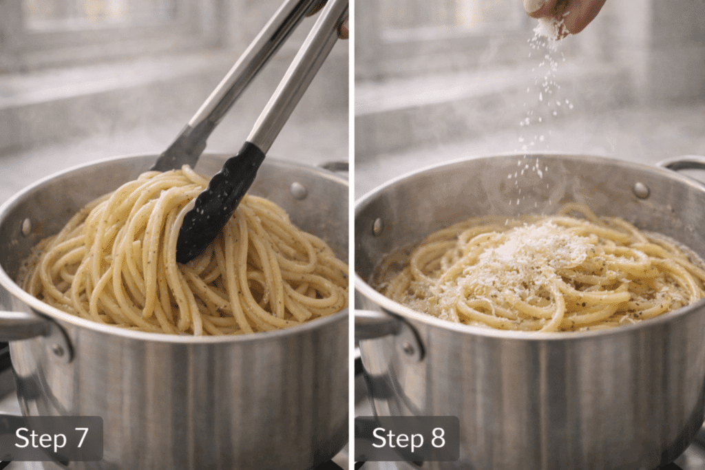 Tossing pasta with cheese to finish Cacio E Pepe sauce