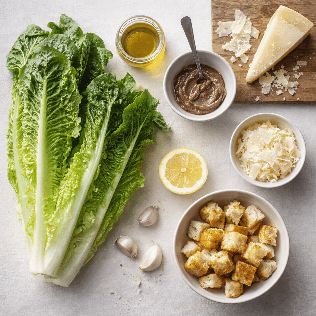 Ingredients needed for a classic Caesar Salad Recipe