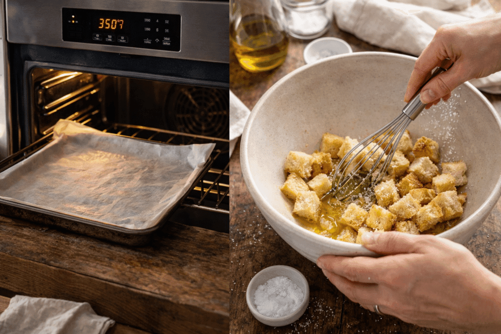 Preparing croutons for Caesar Salad Recipe with oven and bread cubes
