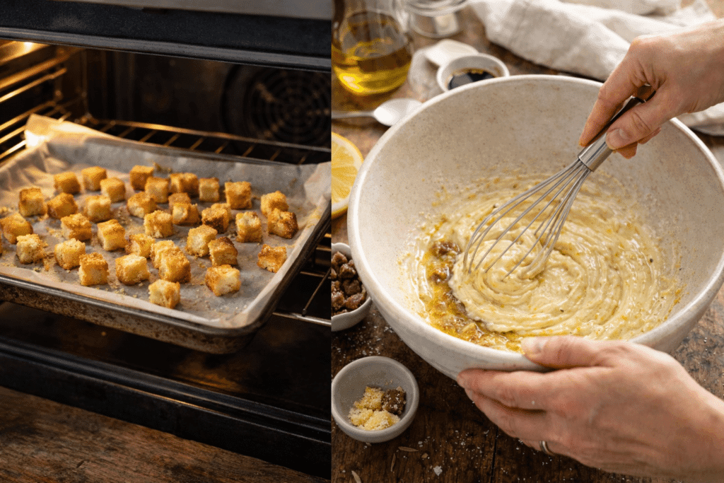 Baking croutons and whisking dressing for Caesar Salad Recipe