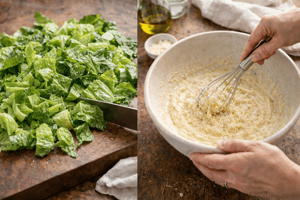 Preparing romaine lettuce and finishing dressing for Caesar Salad Recipe