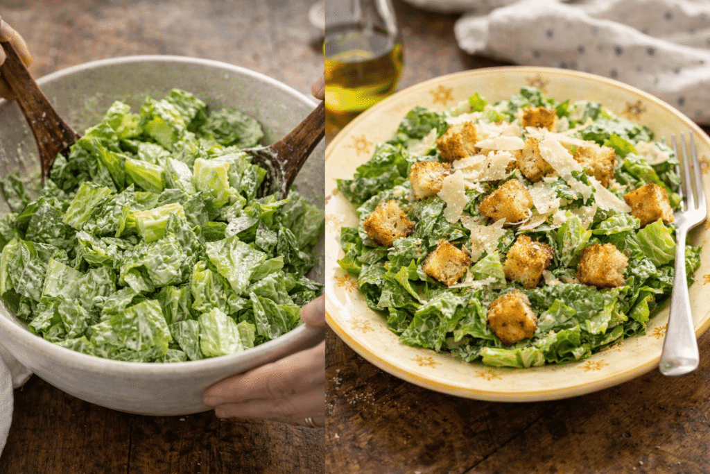Tossing and serving Caesar Salad Recipe with croutons and parmesan
