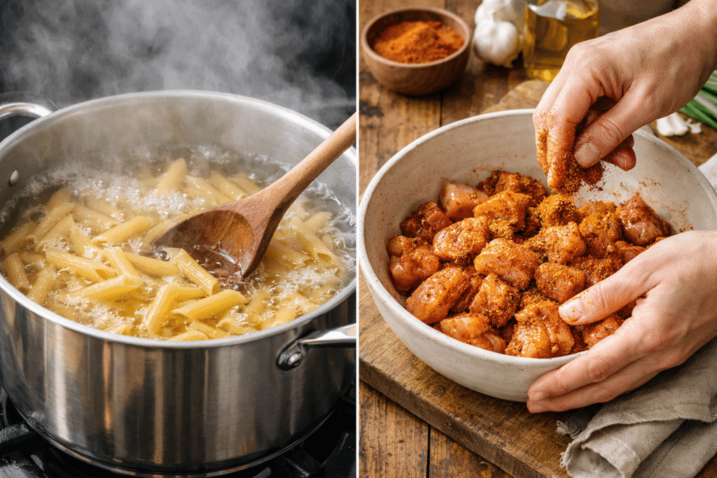 Cajun Chicken Pasta step 1 boiling pasta and seasoning chicken