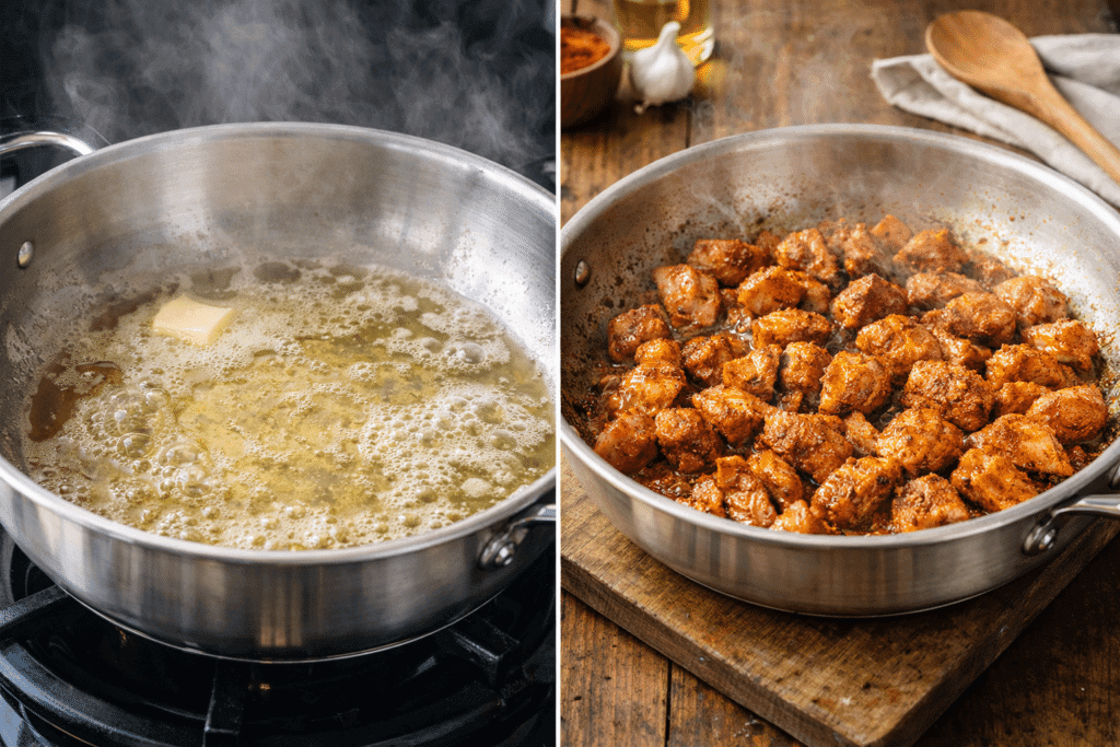 Cajun Chicken Pasta cooking chicken in skillet