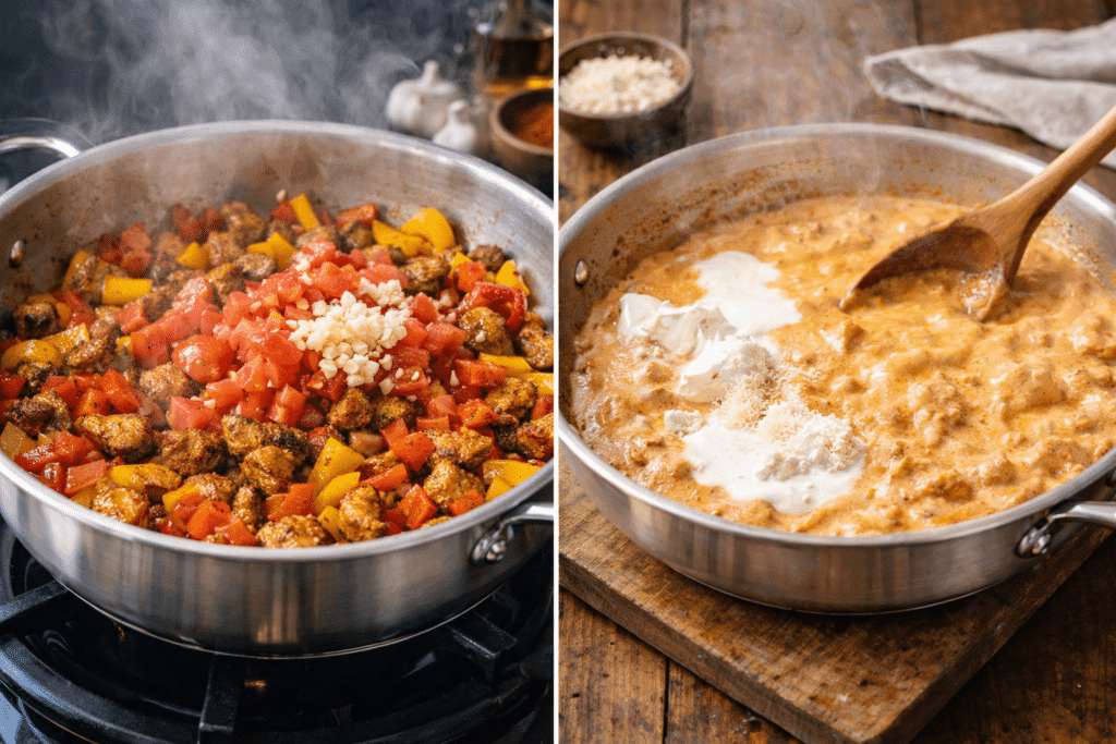 Cajun Chicken Pasta adding vegetables and creamy sauce
