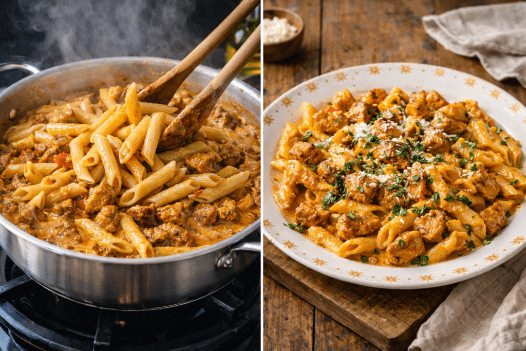 Cajun Chicken Pasta tossing pasta and serving
