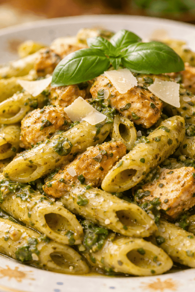 Close-up of creamy Chicken Pesto Pasta