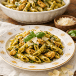 Chicken Pesto Pasta served on a yellow plate
