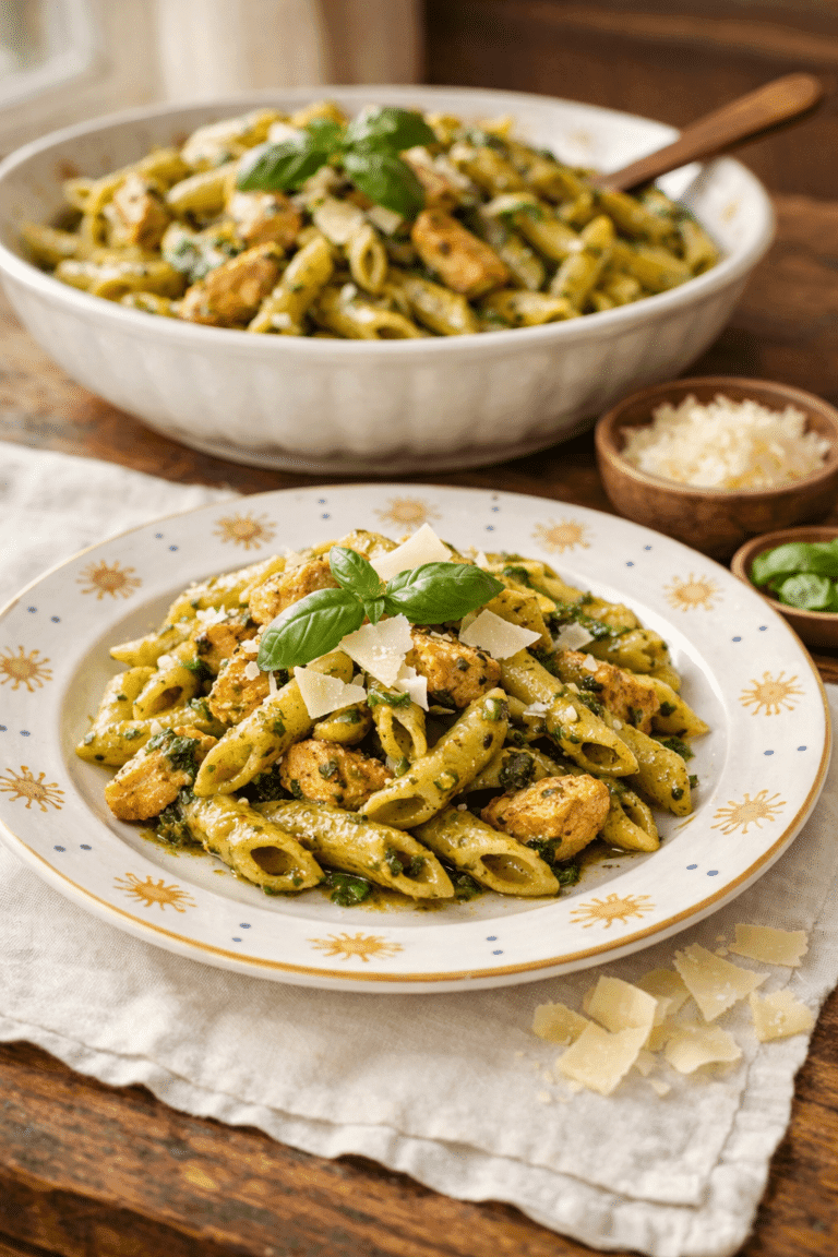 Chicken Pesto Pasta served on a yellow plate