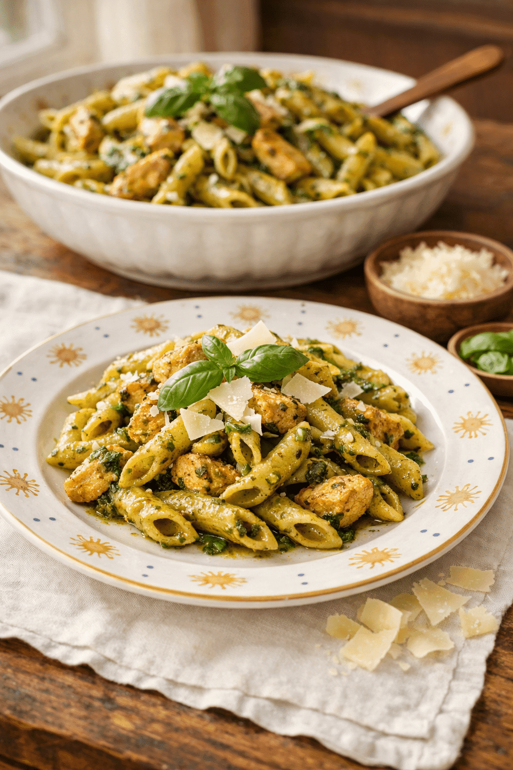 Chicken Pesto Pasta served on a yellow plate