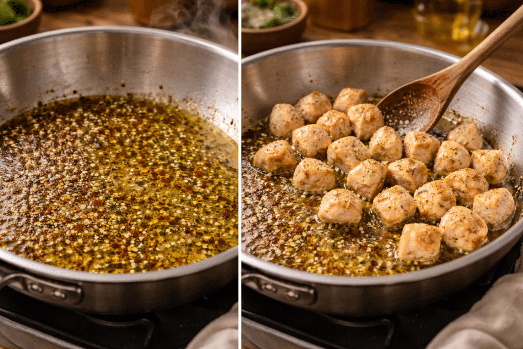 Heating oil and cooking chicken for Chicken Pesto Pasta