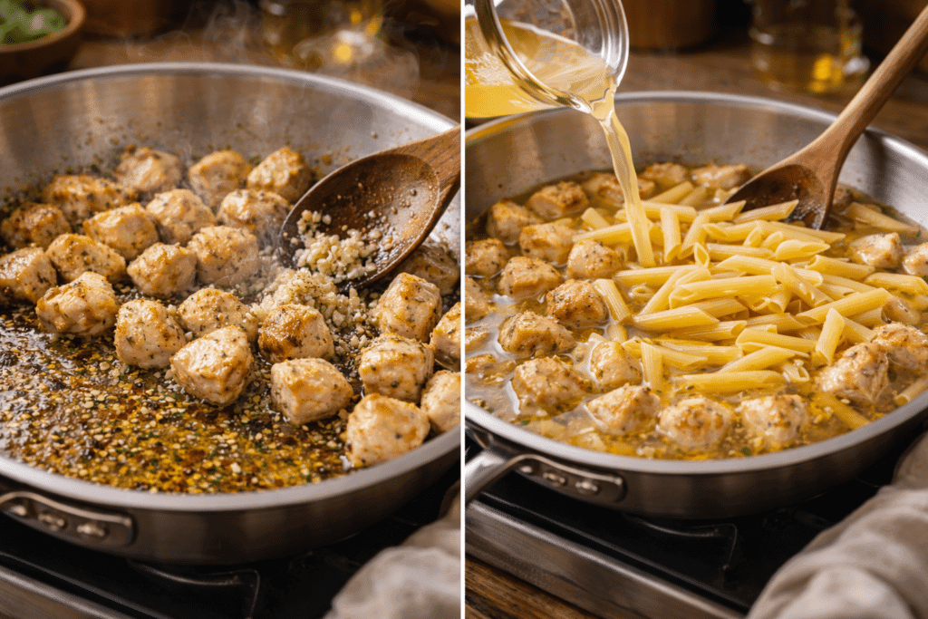 Adding garlic, pasta, and broth for Chicken Pesto Pasta