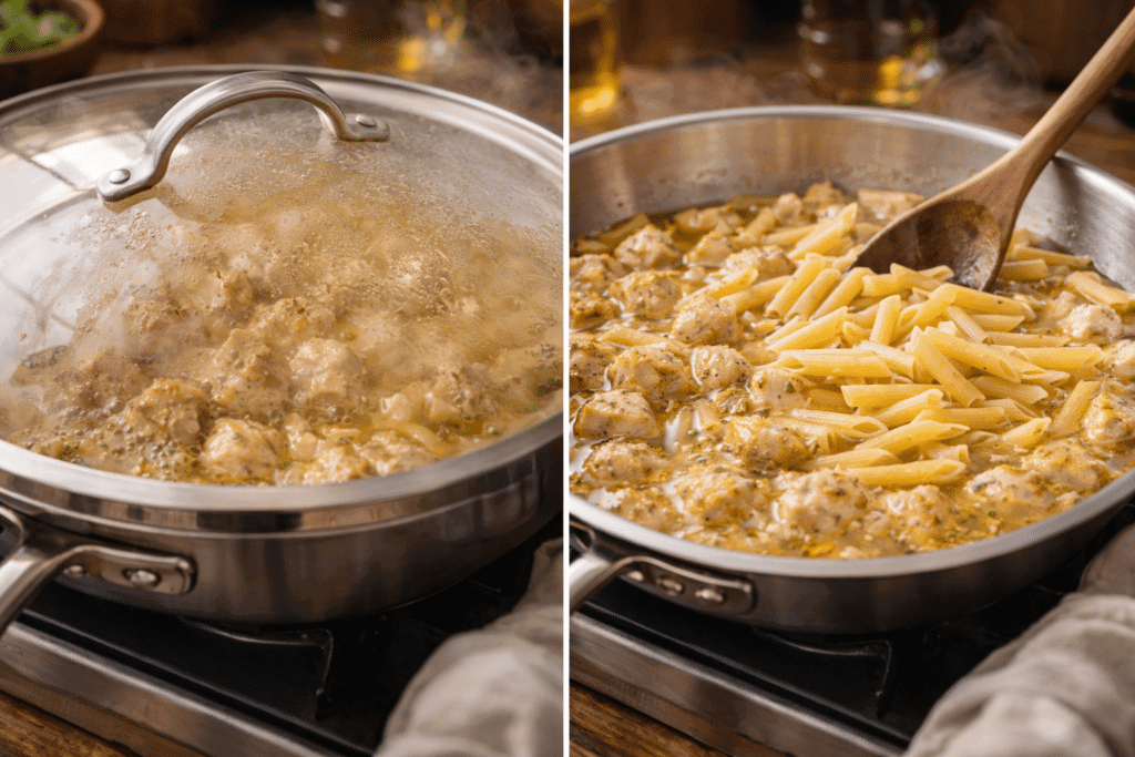 Simmering and finishing pasta for Chicken Pesto Pasta