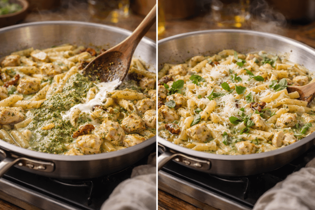 Adding pesto and finishing Chicken Pesto Pasta
