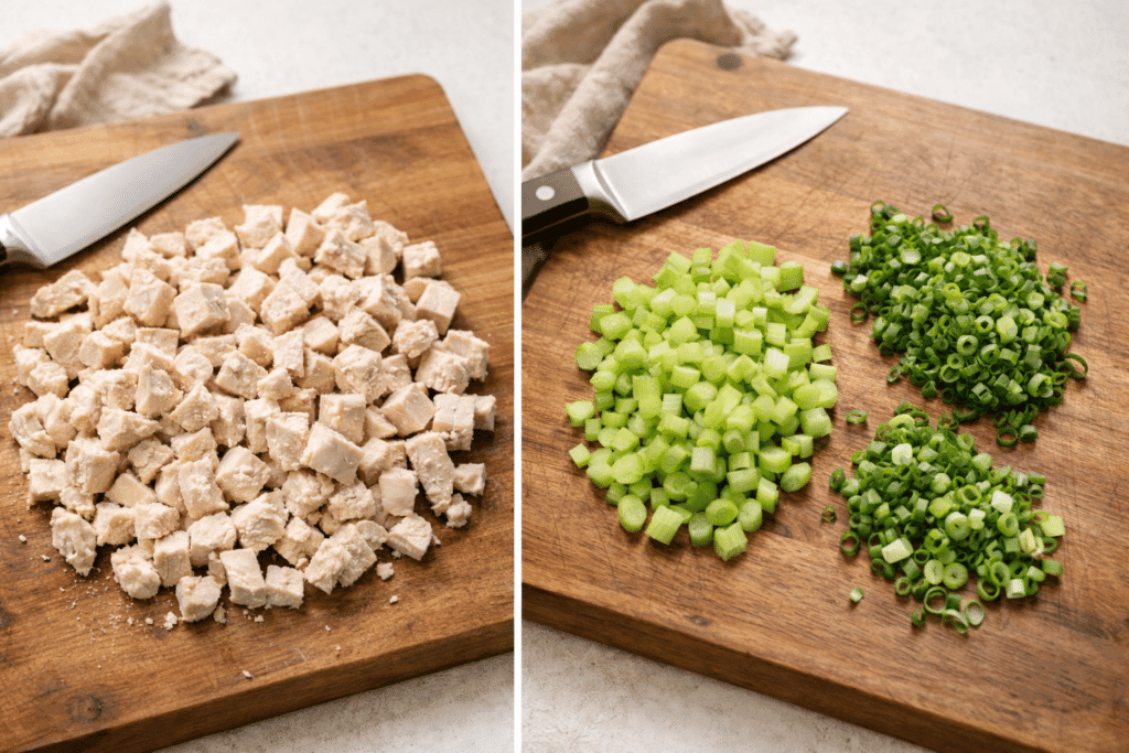 Chopping chicken, celery, and green onions for Classic Chicken Salad