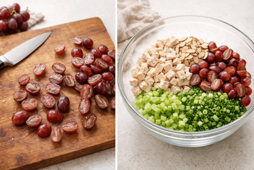 Slicing grapes and combining ingredients for Classic Chicken Salad