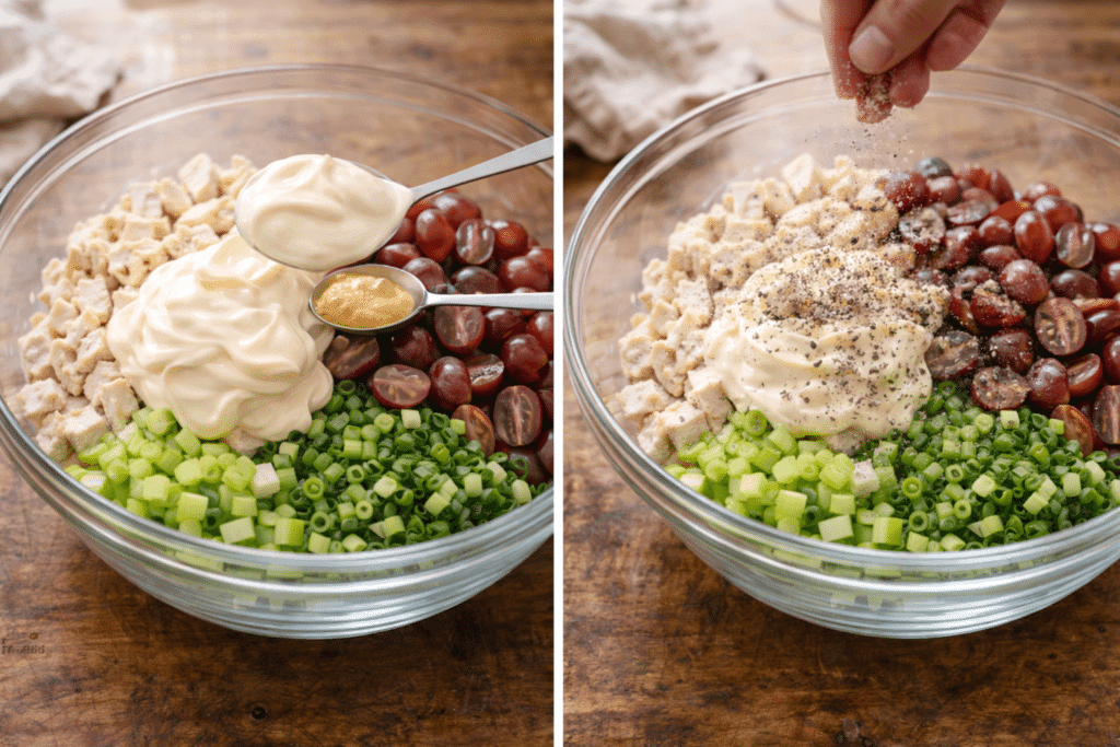 Adding dressing and seasoning to Classic Chicken Salad