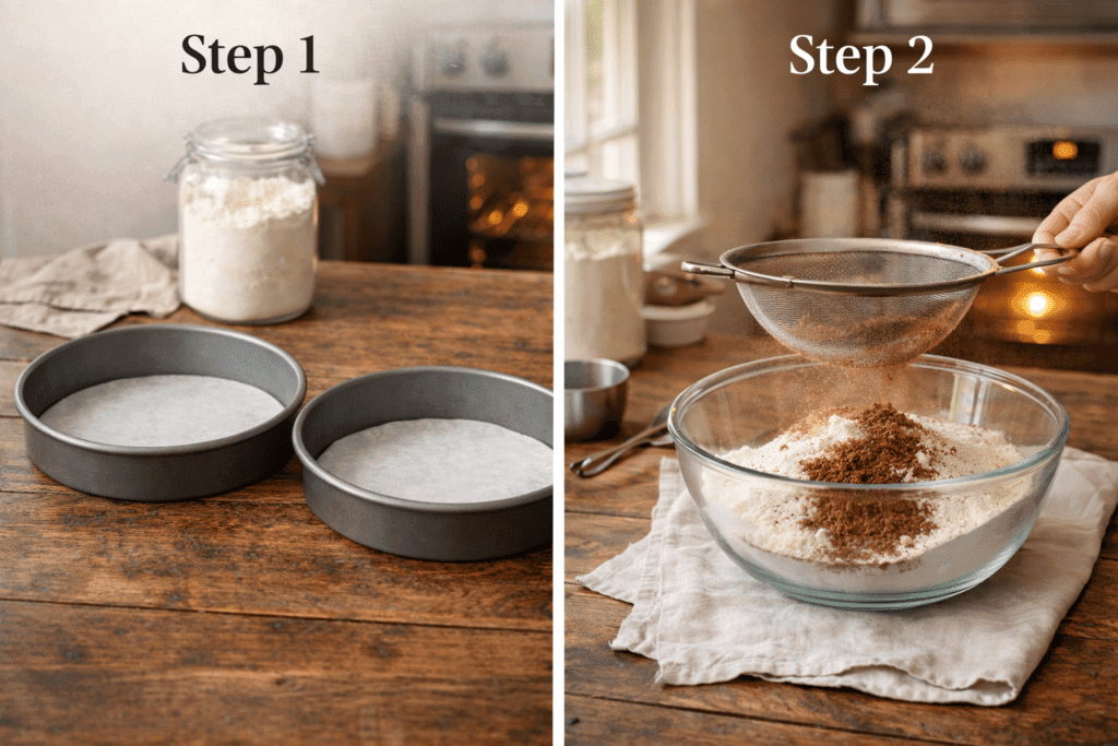 Preparing pans and sifting dry ingredients for Classic Chocolate Cake